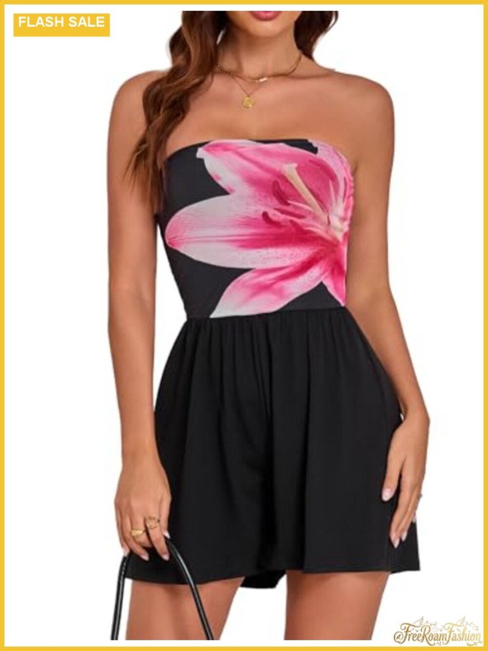 Strapless Floral Romper Elastic Waist Casual Summer Vacation Short Jumpsuit